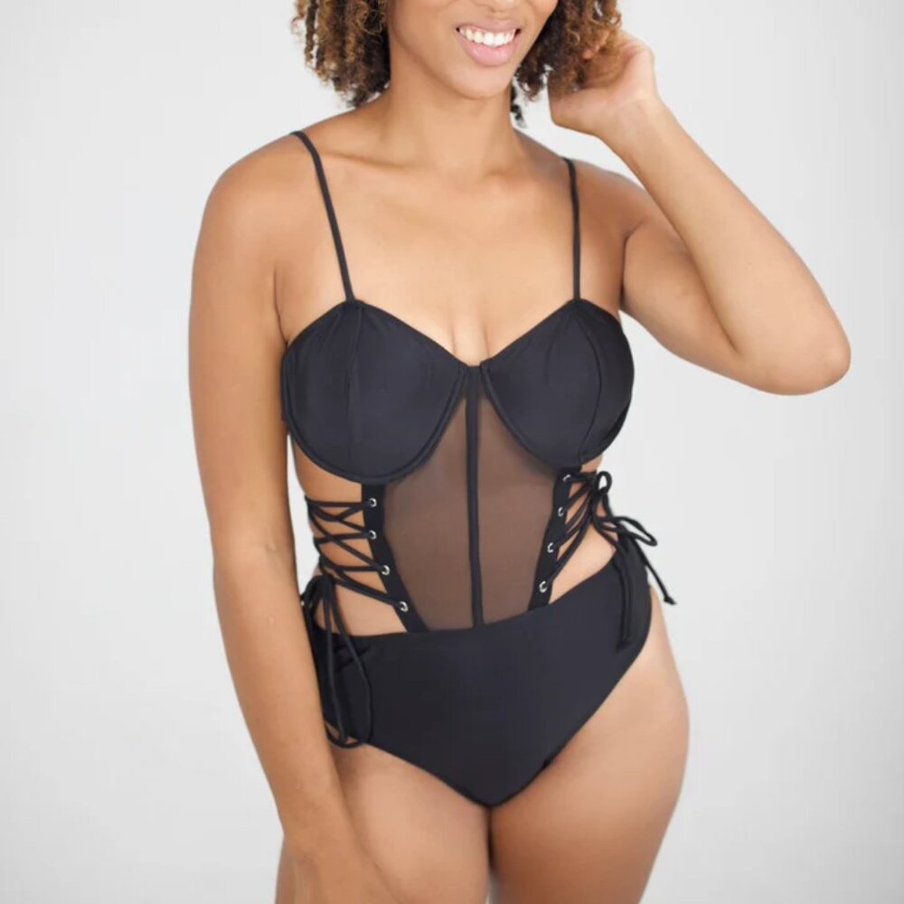 VIOSA COLLECTION THE LAURA CORSET BLACK MESH DRAWSTRING SWIMSUIT SIZE MEDIUM NWT